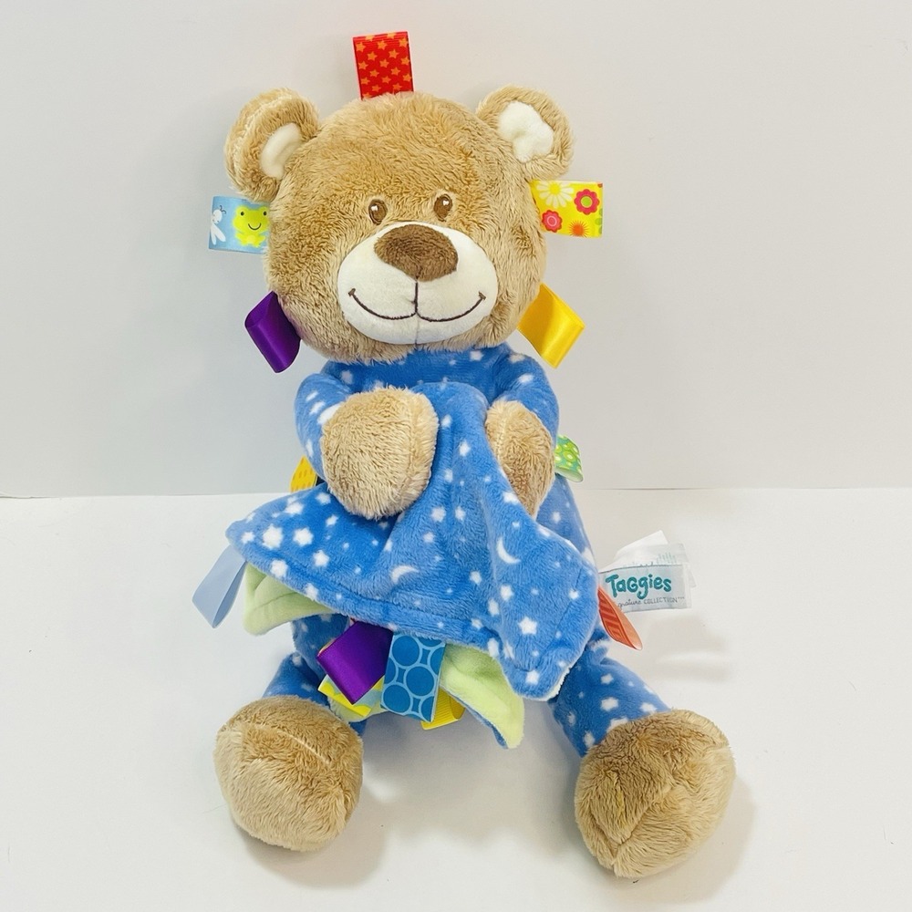 TAGGIES Mary Meyer Baby Blue Plush Teddy BEAR w/ Blanket Lovey Moon Stars